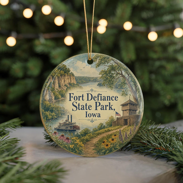 A round ornament with a painting of Fort Defiance State Park, Iowa, featuring a river, a castle, and a bridge.