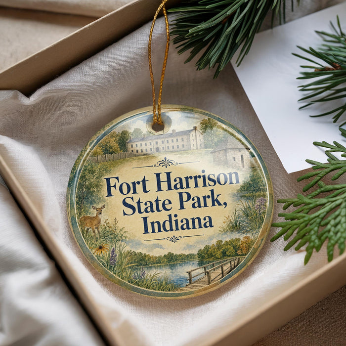 A round ornament with a picture of Fort Harrison State Park, Indiana, hanging from a string.