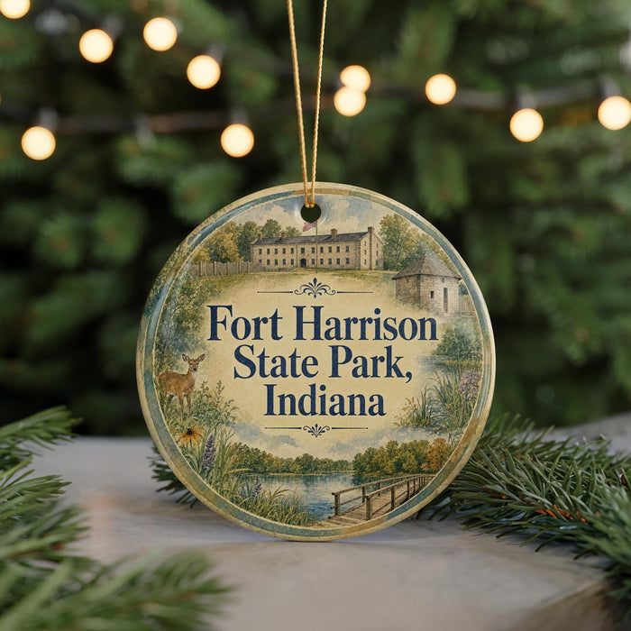 A round ornament with a picture of Fort Harrison State Park, Indiana, surrounded by greenery and a string of lights.