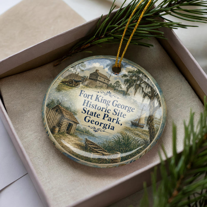 A decorative ornament in a box, featuring a scenic image of Fort King George Historic Site in Georgia, with a pine tree and other natural elements.