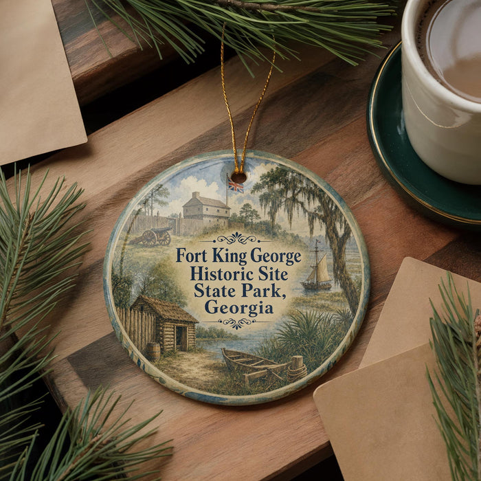 A decorative ornament featuring a scenic image of Fort King George Historic Site in Georgia, surrounded by pine branches and a cup of coffee on a wooden surface.