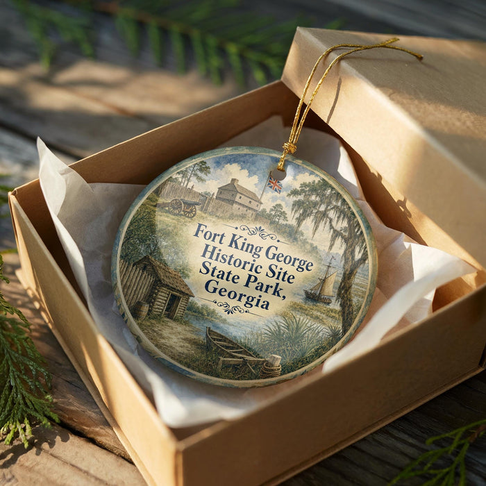 A round ornament in a box, featuring a scenic image of Fort King George Historic Site in Georgia.