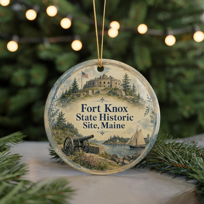 A round ornament with a picture of Fort Knox, Maine, featuring a cannon, a sailboat, and a building, surrounded by Christmas lights.
