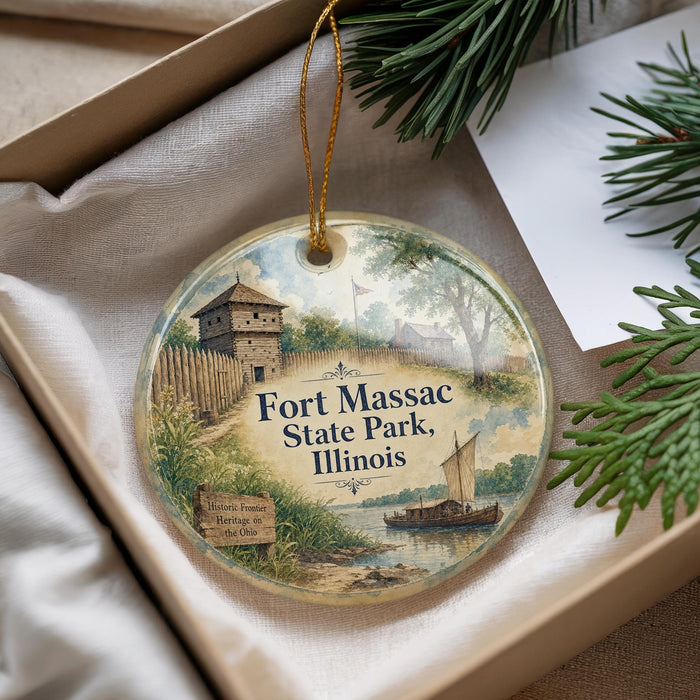 A decorative ornament in a box, featuring a painting of Fort Massac State Park, Illinois, with a boat and a sign indicating the location.