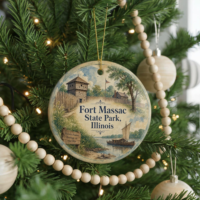 A round ornament hanging on a Christmas tree, featuring a scenic illustration of Fort Massac State Park, Illinois.