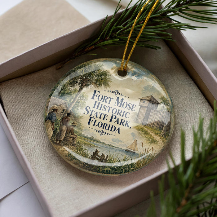 A decorative ornament in a box, featuring a scenic image of Fort Mose Historic State Park, Florida.