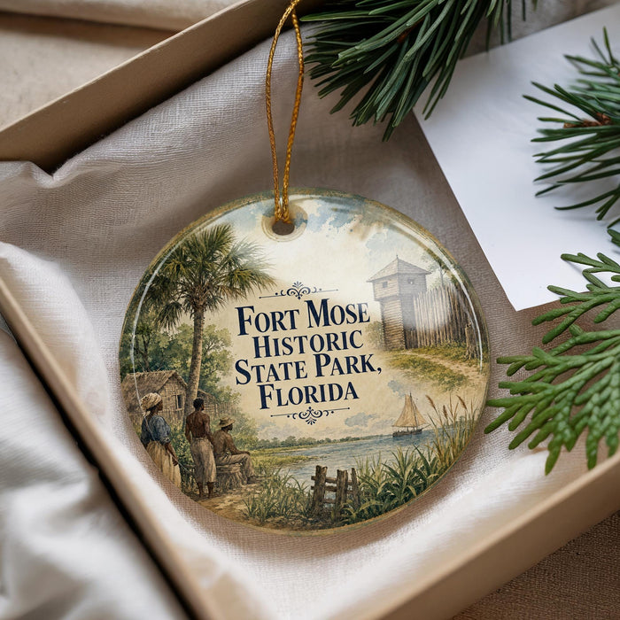 A decorative ornament with a painting of a historical scene, featuring a house, palm trees, and a boat, hanging from a string.