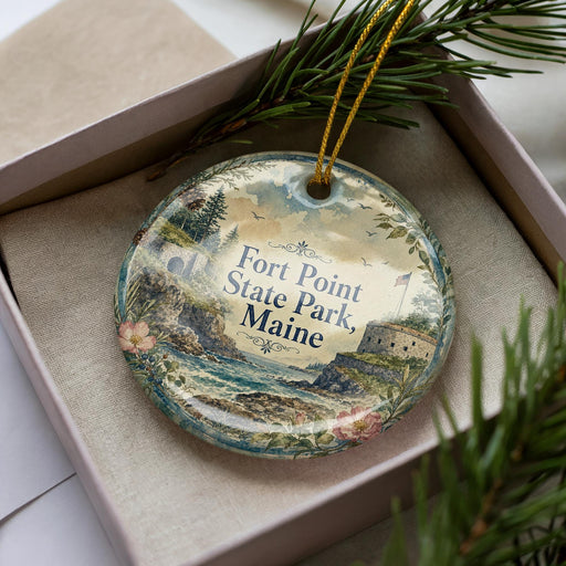 A decorative ornament in a box, featuring a scenic image of Fort Point State Park, Maine.