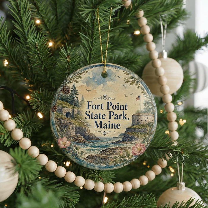 A round ornament hanging on a Christmas tree, featuring a scenic image of Fort Point State Park, Maine.
