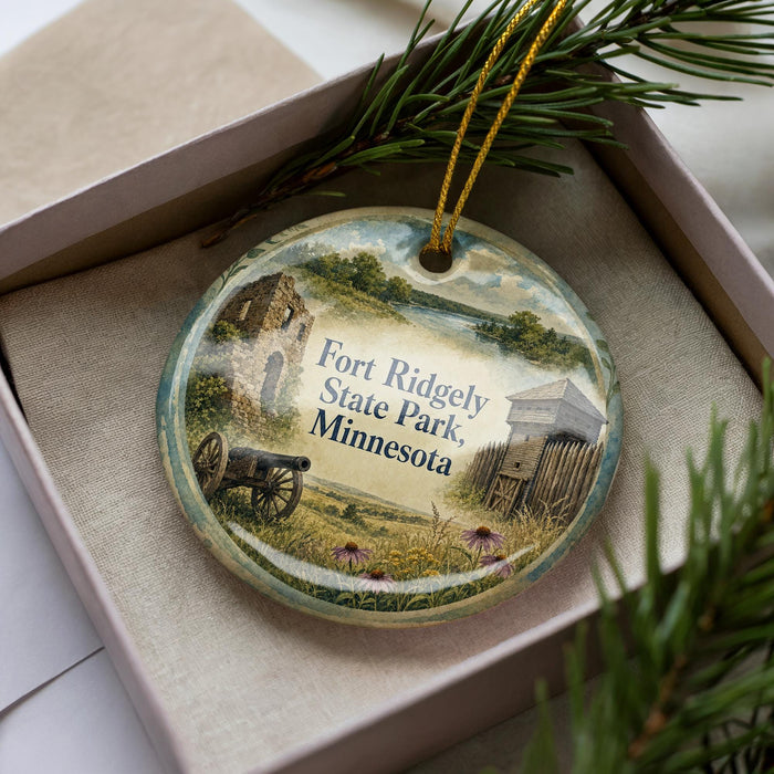 A decorative ornament in a box, featuring a scenic landscape with a castle, a barn, and a field with flowers.