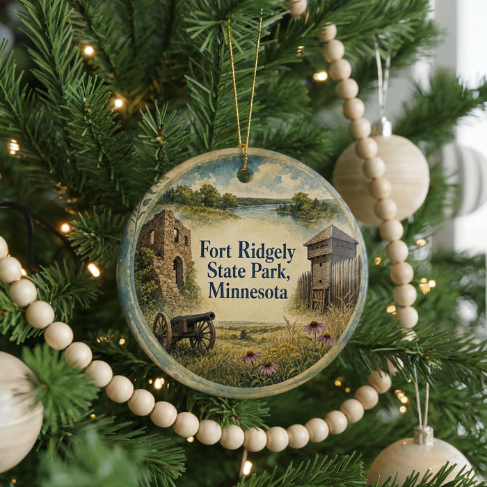A round ornament hanging on a Christmas tree, featuring a scenic landscape with a castle, a river, and a field with purple flowers.
