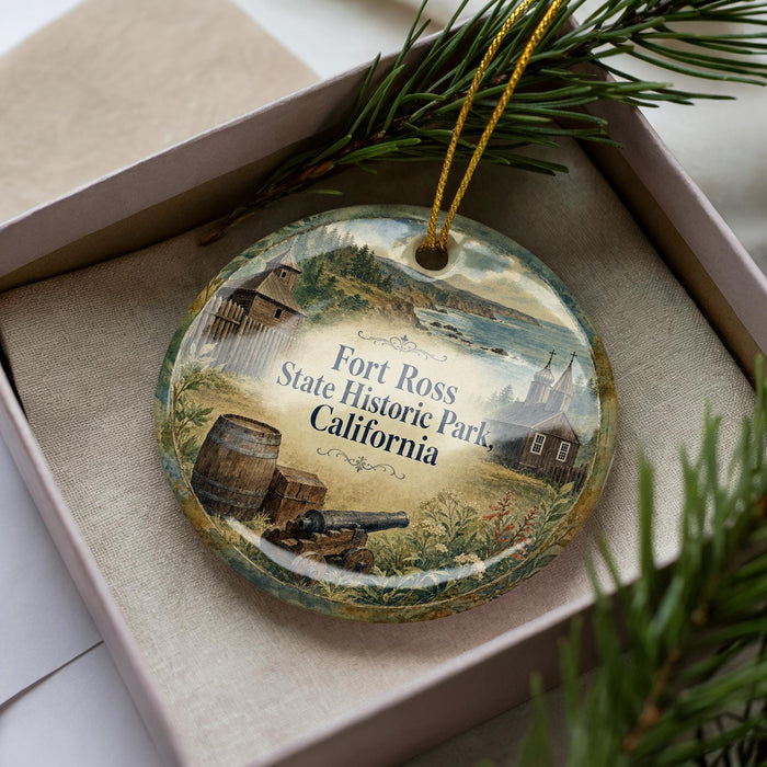 A decorative ornament in a box, featuring illustrations of a historical site and a barrel, with the text "Fort Ross State Historic Park, California" prominently displayed.