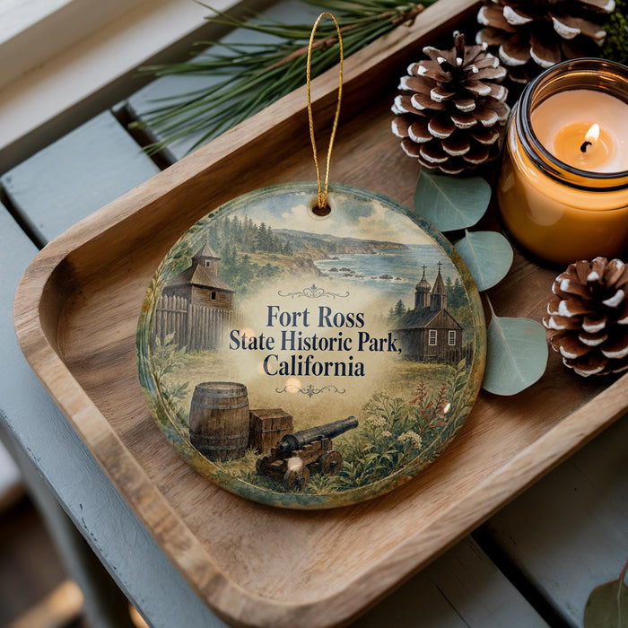 A decorative ornament featuring a scenic image of Fort Ross State Historic Park, California, with a candle and pine cones on a wooden tray.