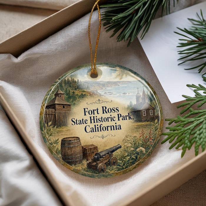 A decorative ornament with a picture of Fort Ross State Historic Park, California, featuring a barrel, a cannon, and a building, hanging from a string.