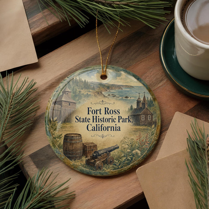 A round ornament with a painting of Fort Ross, a historic park in California, featuring a cannon, barrels, and a building.