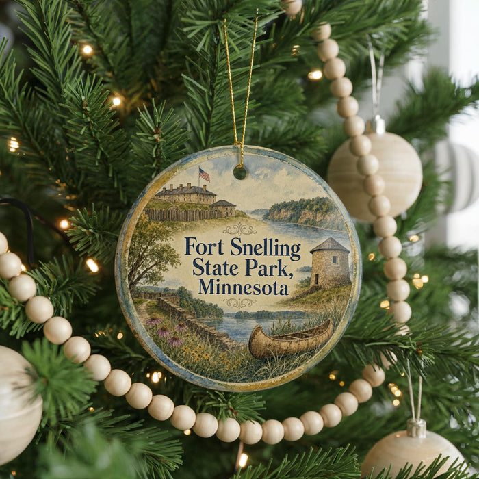 A round ornament hanging on a Christmas tree, featuring a scenic image of Fort Snelling State Park, Minnesota.