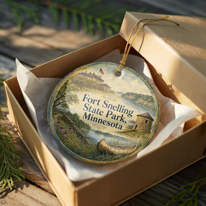 A round ornament in a box, featuring a scenic landscape with a building, a boat, and a river.