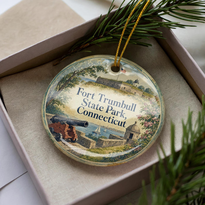A decorative ornament in a box, featuring a painting of Fort Trumbull State Park in Connecticut.