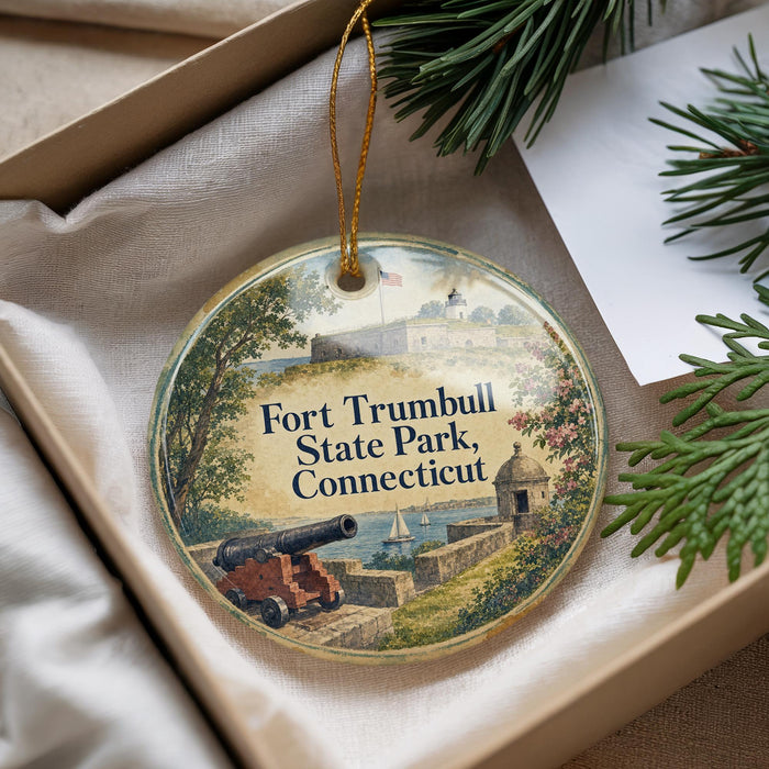 A decorative ornament with a picture of Fort Trumbull State Park, Connecticut, hanging from a string.
