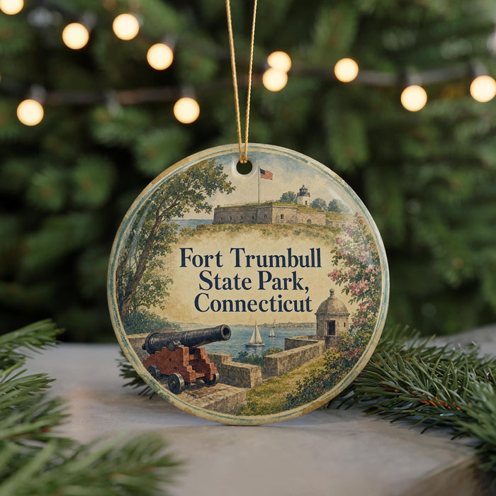 A round ornament featuring a painting of Fort Trumbull State Park in Connecticut, with a cannon and a castle in the background.