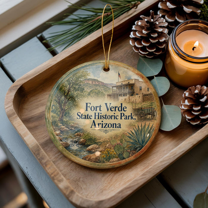 A wooden tray with a decorative ornament featuring a scenic image of Fort Verde State Historic Park, Arizona, and pine cones.
