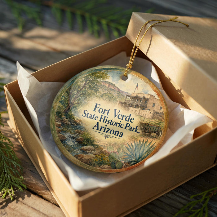 A round ornament in a box, featuring an illustration of Fort Verde State Historic Park, Arizona.