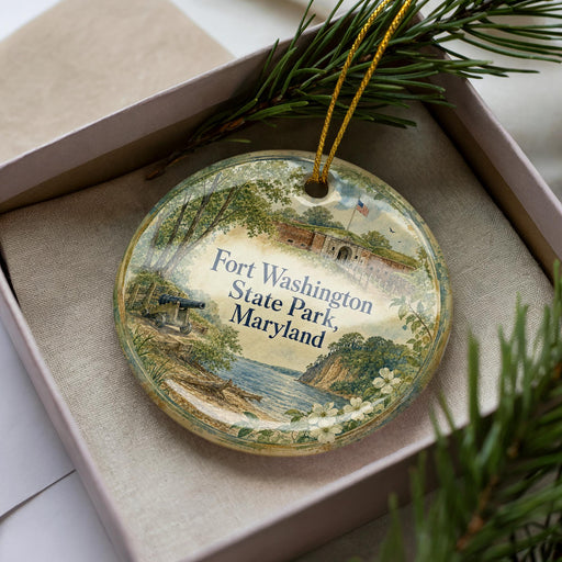 A decorative ornament in a box, featuring a scenic image of Fort Washington State Park, Maryland.