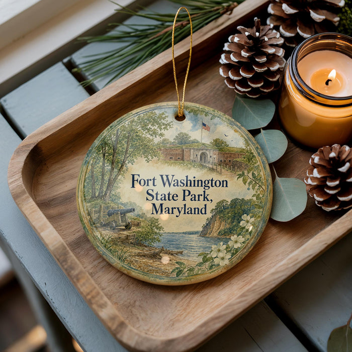 A decorative ornament with a painting of Fort Washington State Park, Maryland, sits on a wooden tray alongside pine cones and a lit candle.