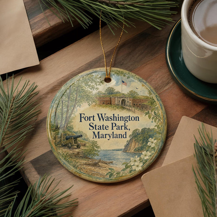 A round ornament with a painting of Fort Washington State Park, Maryland, hanging on a wooden surface.
