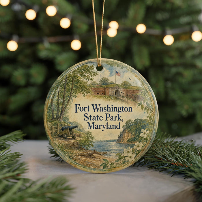 A round ornament with a painting of Fort Washington State Park, Maryland, hanging from a string.
