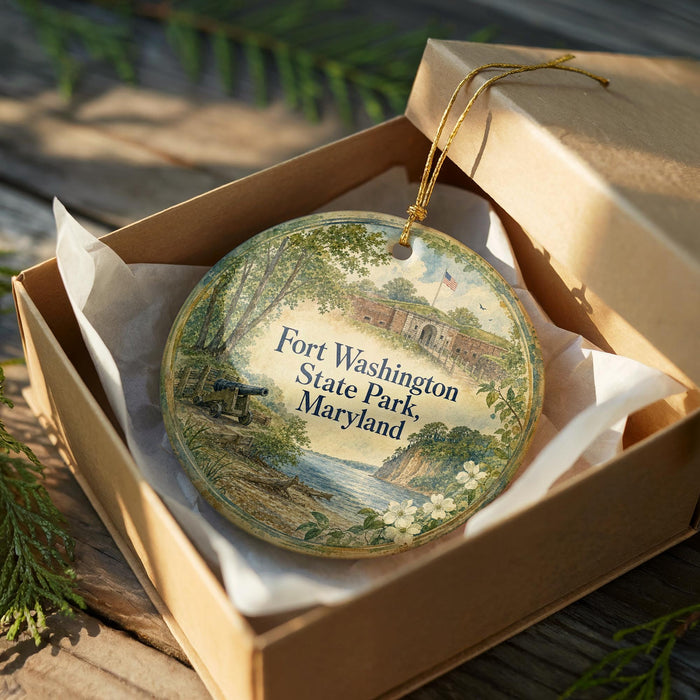 A round ornament in a box, featuring an illustration of Fort Washington State Park, Maryland.