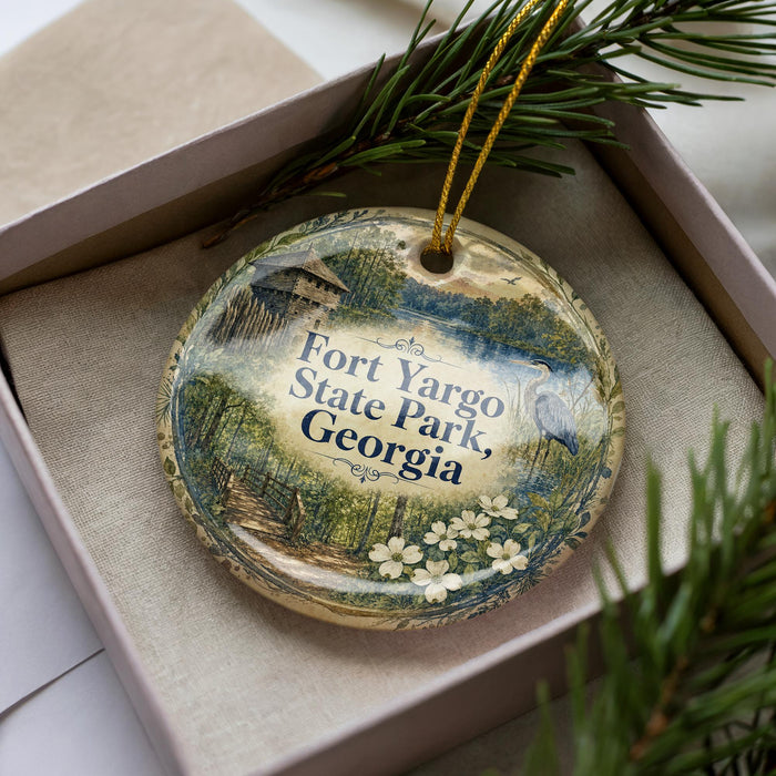 A decorative ornament in a box, featuring a scenic landscape with a house and trees, with the text "Fort Yargo State Park, Georgia" prominently displayed.