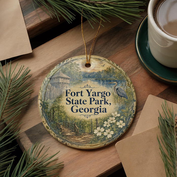 A decorative ornament with a scenic image of Fort Yargo State Park, Georgia, surrounded by pine branches and a cup of coffee on a wooden surface.