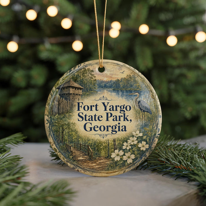 A round ornament with a painting of Fort Yargo State Park, Georgia, surrounded by pine branches and twinkling lights.