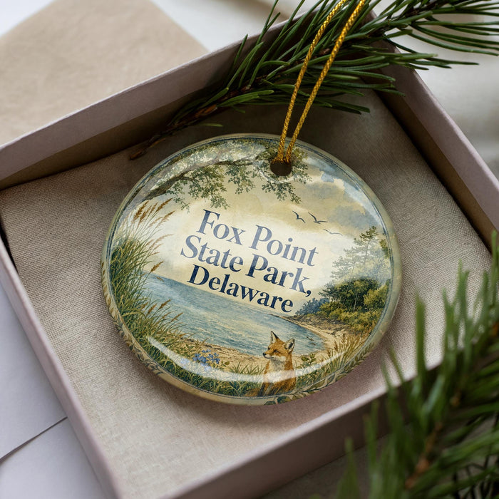 A decorative ornament in a box, featuring a scenic image of a fox in a field with a body of water in the background.