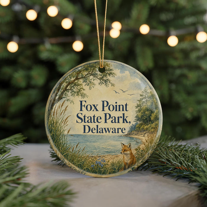 A round ornament with a scenic image of a fox in a field, surrounded by trees and a body of water, with the text "Fox Point State Park, Delaware" displayed on it.