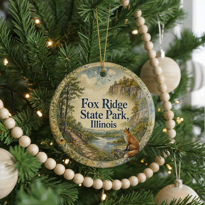 A round ornament hanging on a Christmas tree, featuring a scenic image of Fox Ridge State Park in Illinois.