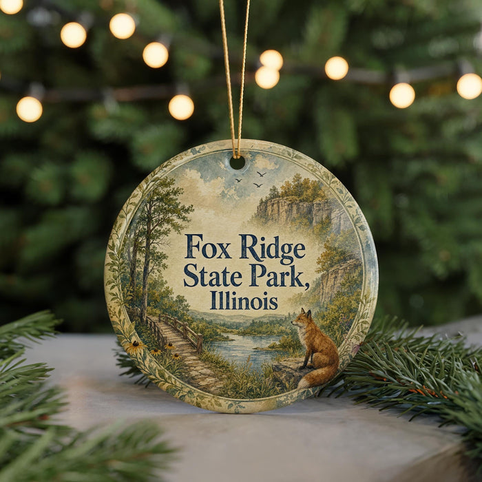 A round ornament with a painting of a fox in a forest setting, surrounded by greenery and a path, with the text "Fox Ridge State Park, Illinois" displayed on it.