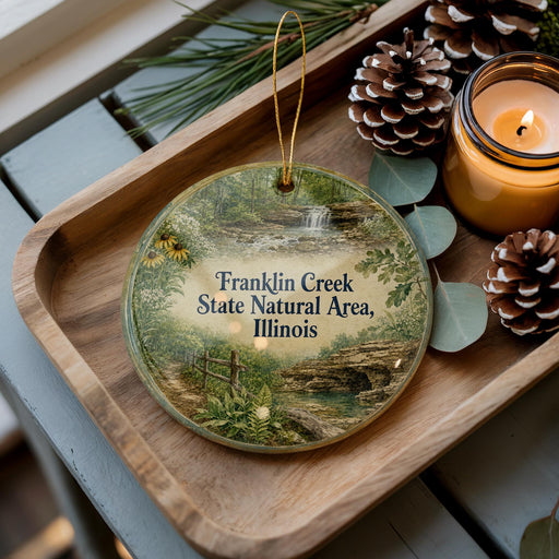 A wooden tray with a decorative ornament featuring a scenic image of Franklin Creek, a natural area in Illinois. The ornament also includes a candle and pine cones, creating a cozy and rustic atmosphere.