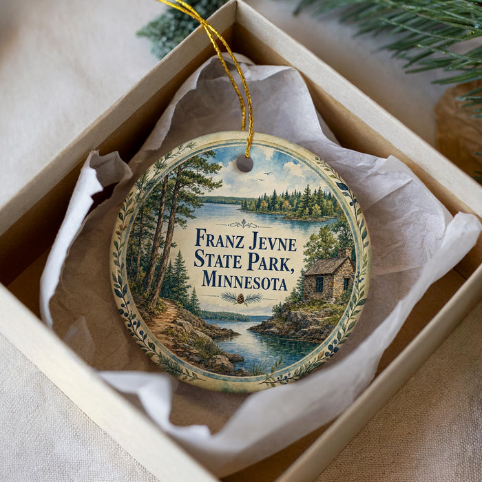 A decorative ornament in a box, featuring a scenic landscape with a lake, trees, and a cabin, with the text "Franz Jevne State Park, Minnesota" printed on it.