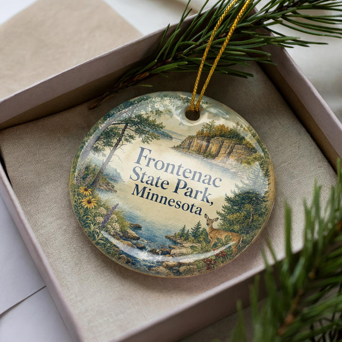 A decorative ornament in a box, featuring a scenic landscape of Frontenac State Park, Minnesota.