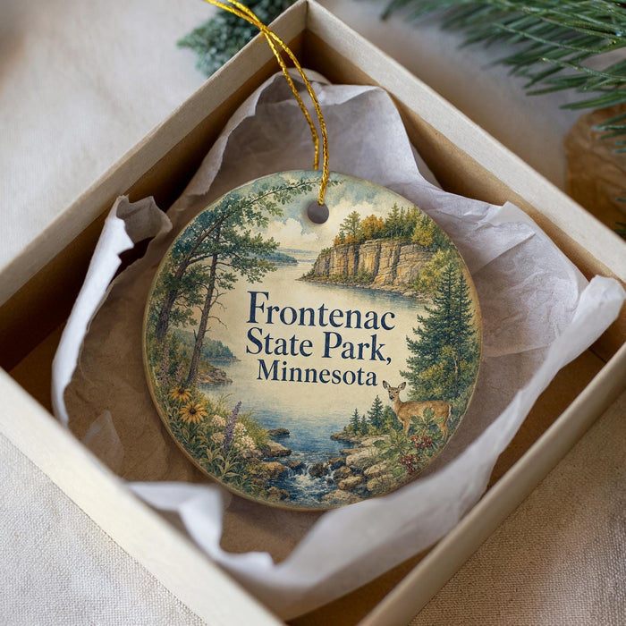 A decorative ornament in a box, featuring a scenic landscape with a lake, trees, and mountains, along with the text "Frontenac State Park, Minnesota".