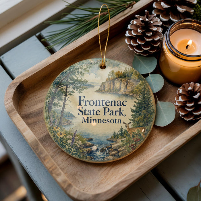 A wooden tray with a decorative ornament featuring a scenic landscape of Frontenac State Park, Minnesota, along with pine cones and a lit candle.