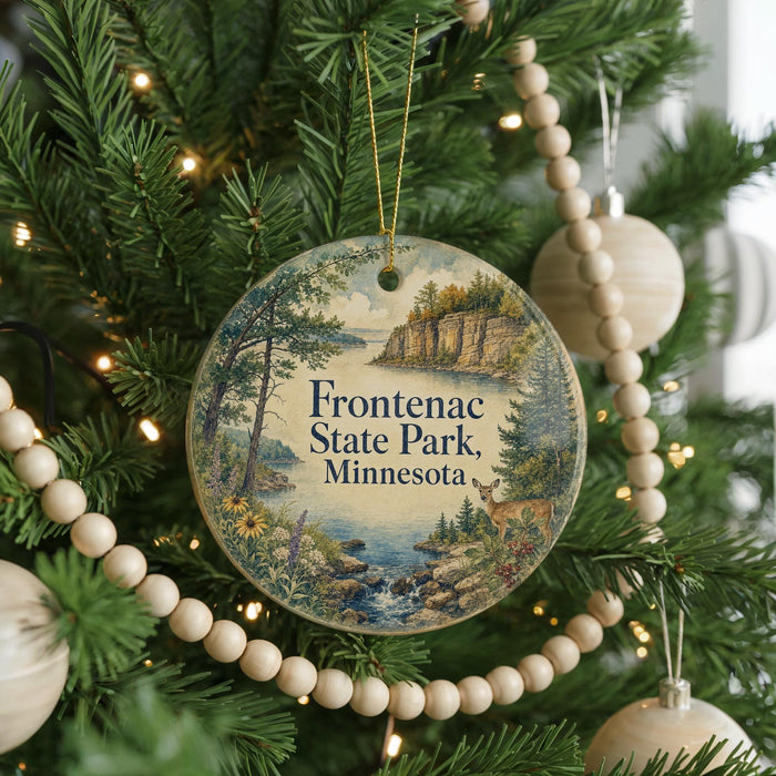 A round ornament hanging on a Christmas tree, featuring a scenic landscape with a lake and mountains.