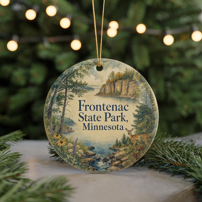 A circular ornament with a scenic landscape of Frontenac State Park in Minnesota, featuring a deer, trees, and water.