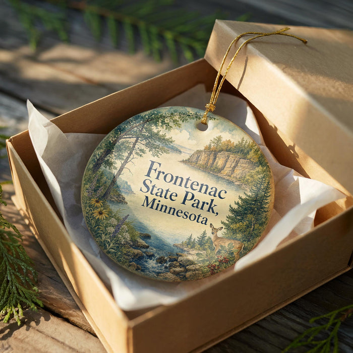 A decorative ornament in a box, featuring a scenic landscape of Frontenac State Park in Minnesota.