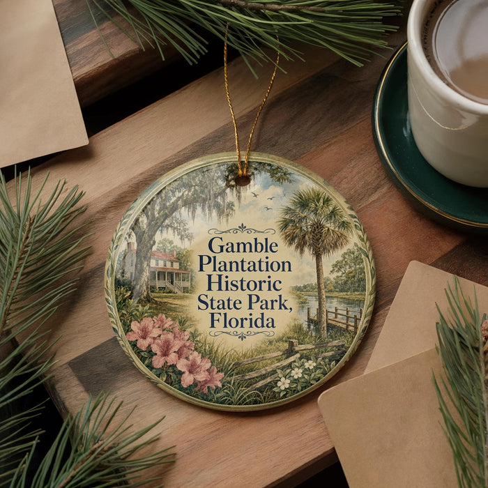 A decorative ornament featuring a scenic landscape with a palm tree, flowers, and a house, hanging on a wooden surface.