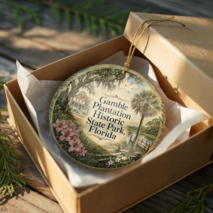 A decorative ornament in a wooden box, featuring a scenic image of a historic plantation in Florida.