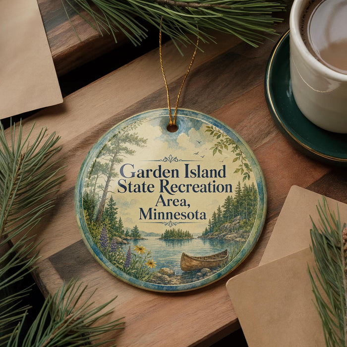 A round ornament with a scenic illustration of a lake and pine trees, surrounded by greenery, is displayed on a wooden surface alongside a cup of coffee and some papers.