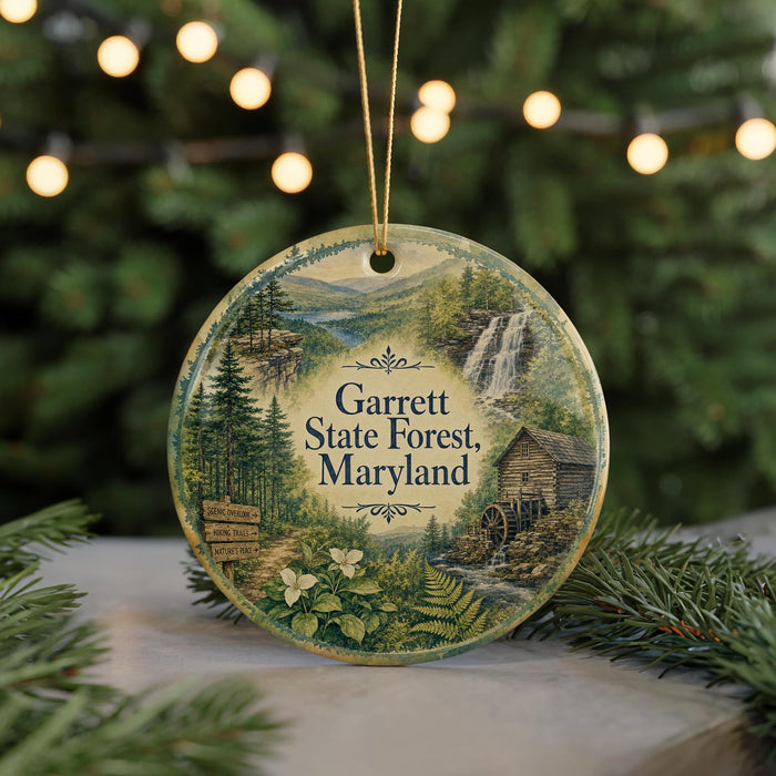A round ornament with a scenic forest landscape and a waterfall, featuring the text "GARRETT STATE FOREST, MARYLAND" in the center.